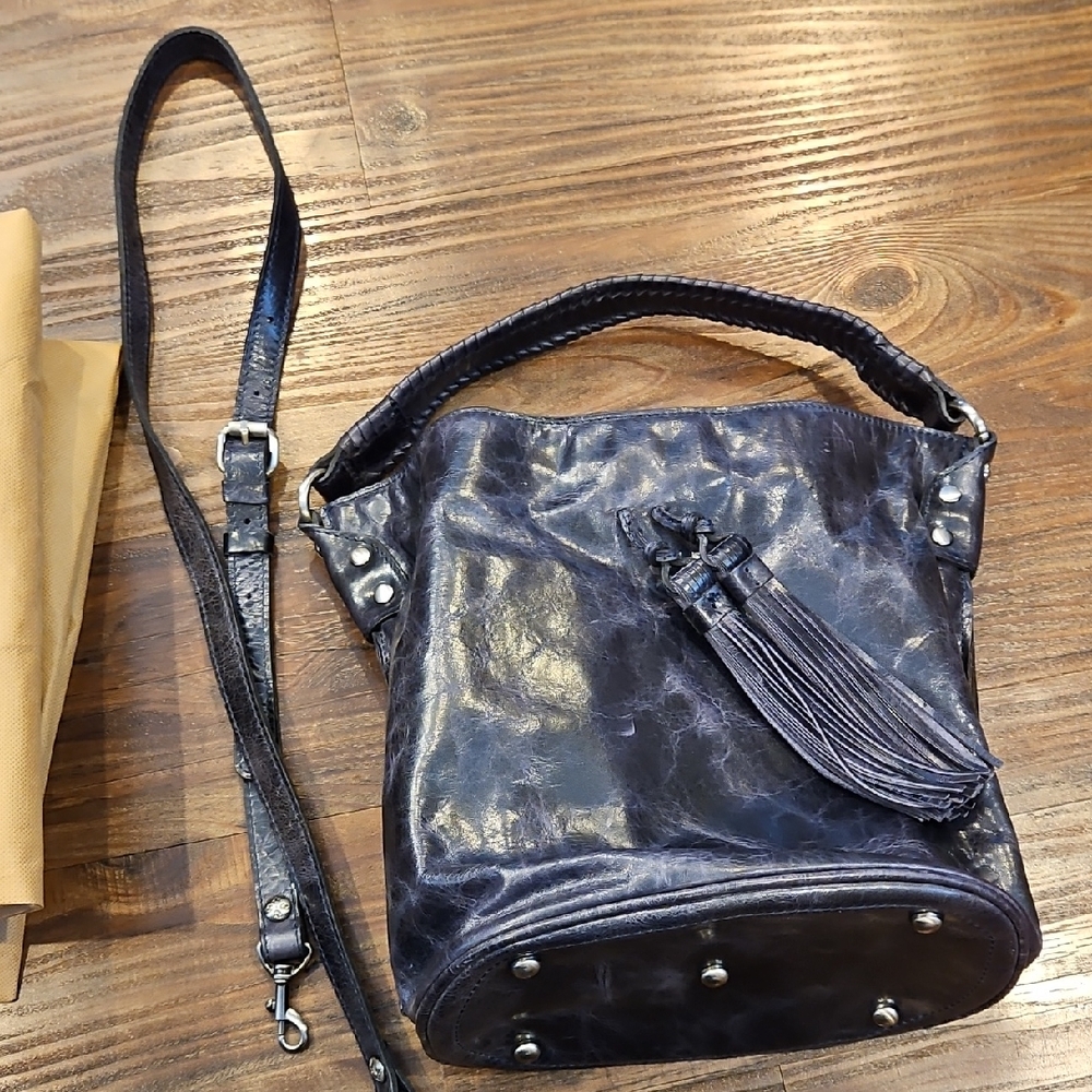 Chic Dark Blue Leather Bag with Tassel